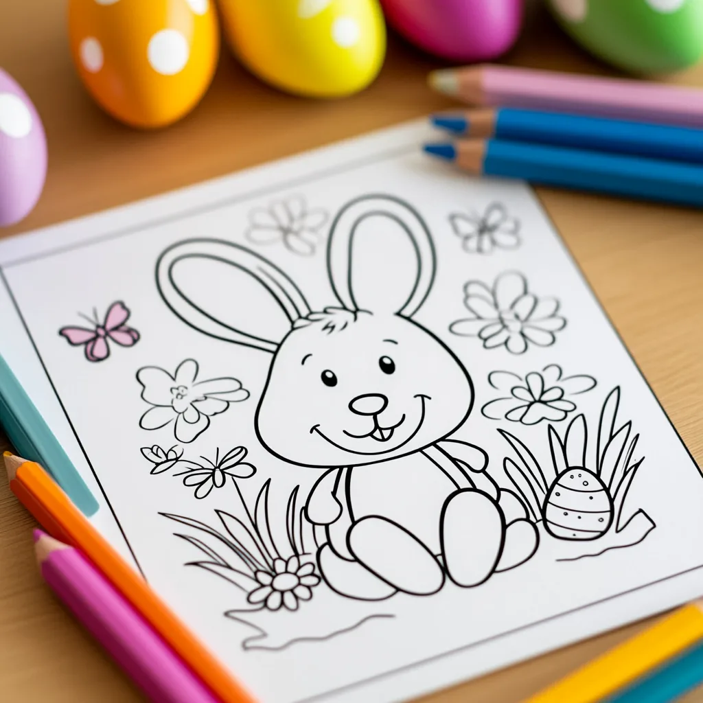 coloring pages of a bunny with eggs and flowers